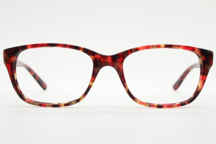 Anna Sui modified wayfarer design eye glasses. Superb marbled acetate optical frames with red tones. Prescription RX vintage eyeglasses