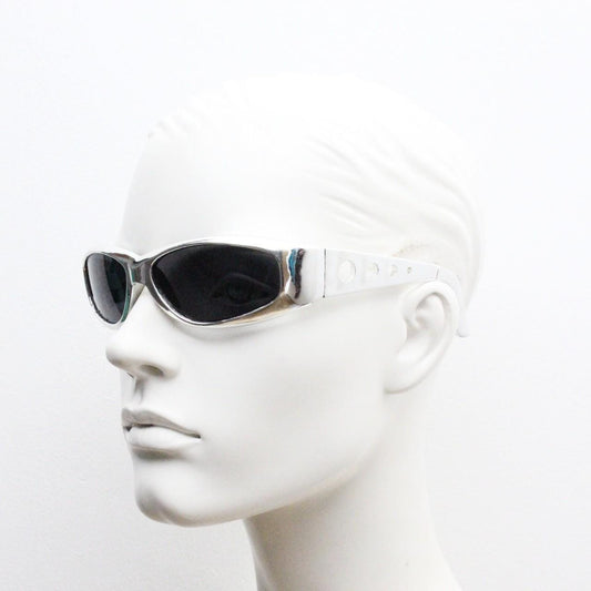 90s vintage visor sunglasses. Hyper real metallic silver superhero style mini mask sport shield with black lenses. Wrap around. NOS cosplay