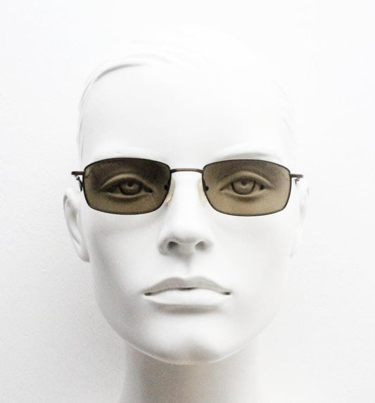 90s vintage rectangular low profile metal sunglasses. Minimal slim metal frame in satin bronze finish with plain brown lenses. NOS. BNWT