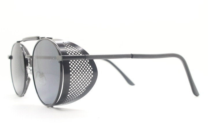 90s vintage round goggle sunglasses. All metal plain black frame with folding perforated side blinkers. Spoilers. Steampunk. Cosplay. NOS