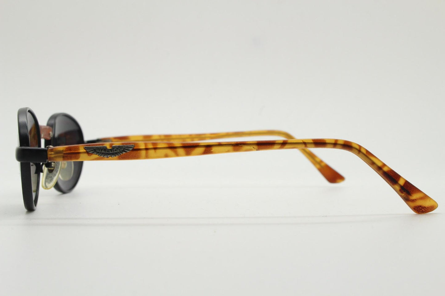90s oval vintage metal sunglasses. Classic 1990s features of minimal satin finish solid frame with matt tortoise arms. Steampunk. Unused NOS