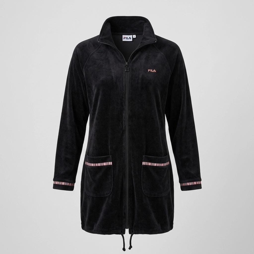 Vintage 80s Fila velour casual coat. Womens all black velvet double zipper long sleeve top. Original sport fashion grail