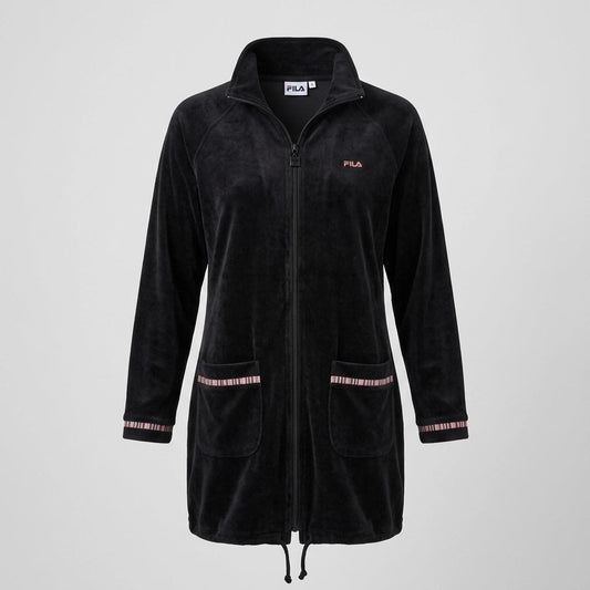 Vintage 80s Fila velour casual coat. Womens all black velvet double zipper long sleeve top. Original sport fashion grail
