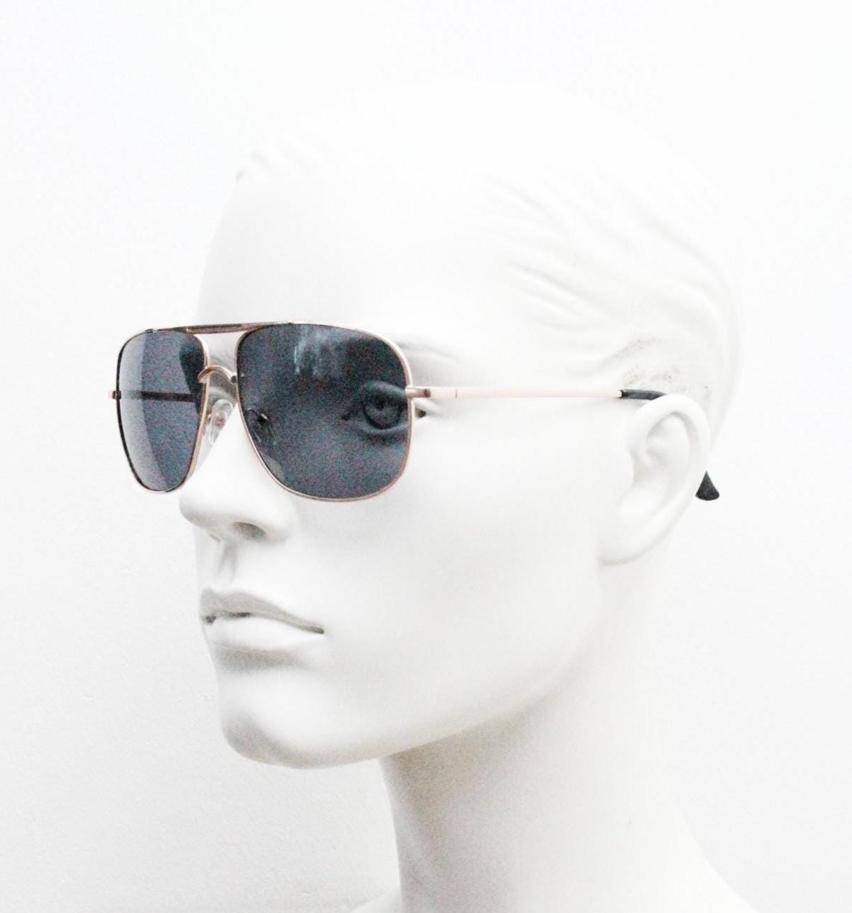 Y2K vintage square aviator sunglasses. Gold chrome metal frame 70s design aviators with black lenses. Teardrop, 2000s. Unused NOS