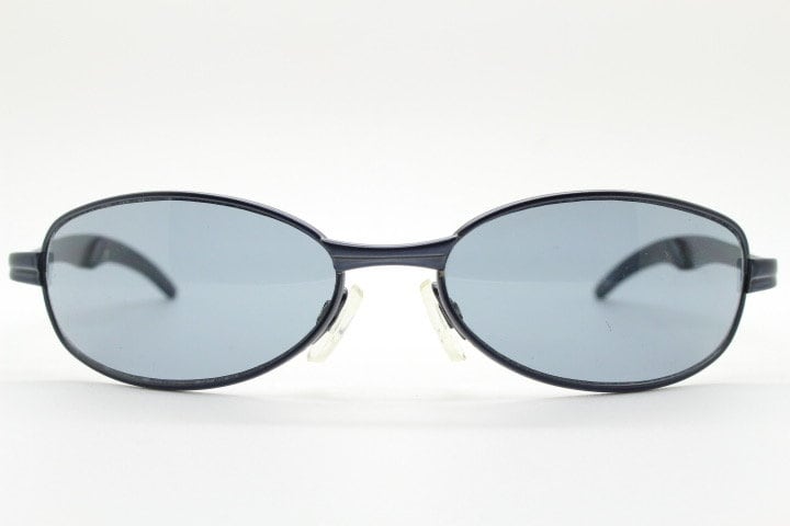 90s vintage oval small bug eye sunglasses. Curved grey satin finish solid metal frame. Rave. Steampunk. Unused NOS