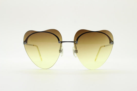 Y2K vintage love heart aviator sunglasses. Silver metal half frame with brown gradient lenses. Original 2000s unused NOS. Small size