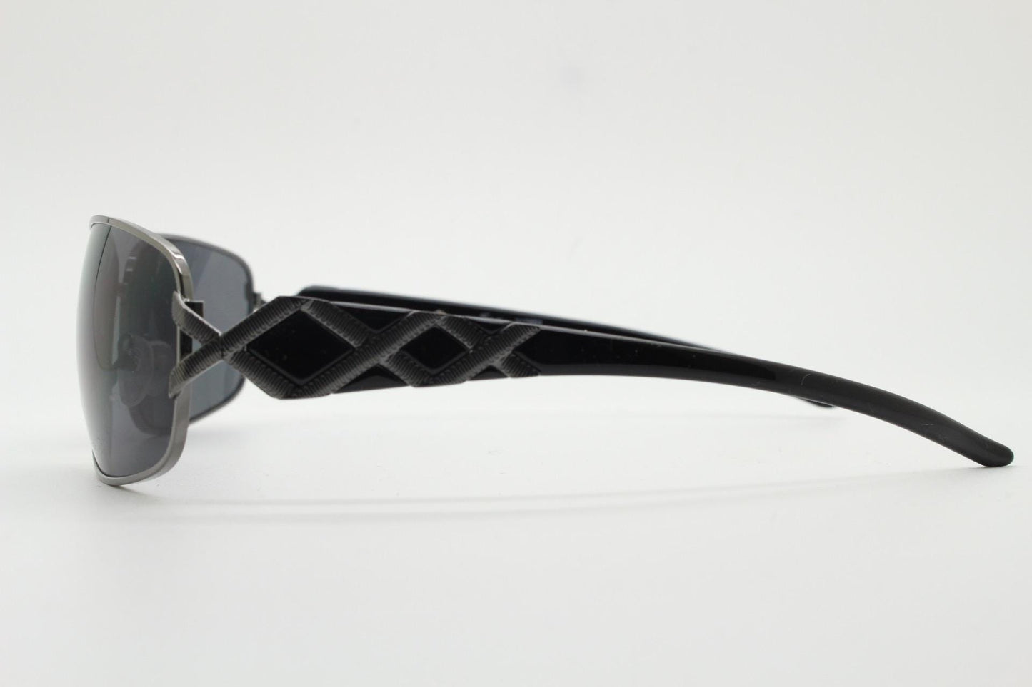2000s vintage rectangular bug eye sunglasses. Solid metal slightly oversized grey chrome frame with diamond lattice arm detail. Y2K NOS