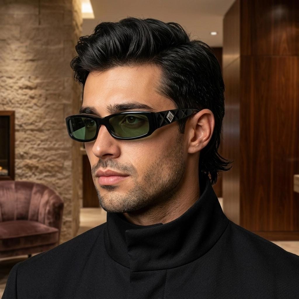Pierre Cardin vintage 90s wrap around sunglasses made in Italy. Black acetate shield frame with quilted arms and diamante crest. NOS