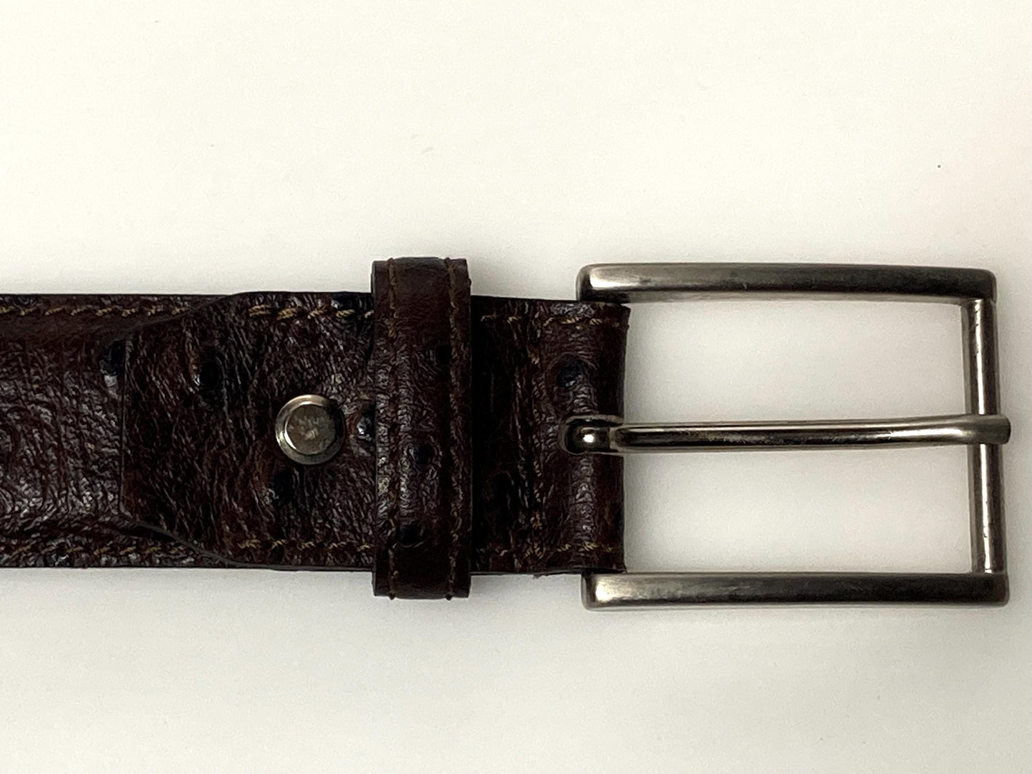 90s vintage dark brown genuine leather belt made in Italy by Joseph Di Pino. Tooled finish made to look like Ostrich. NOS. Mens Large