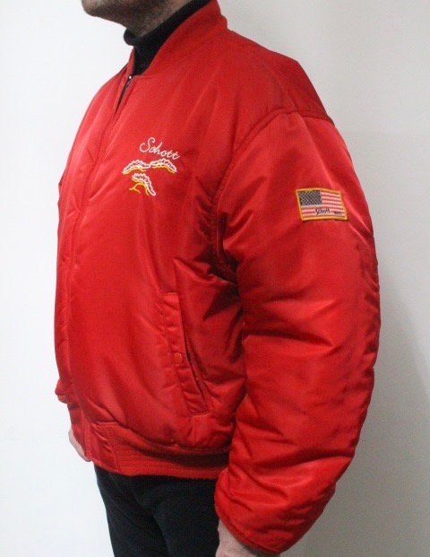 Schott NYC vintage reversible bomber jacket. Big spell out logo back in blue with red reverse side featuring white eagle. Flying MA 1.