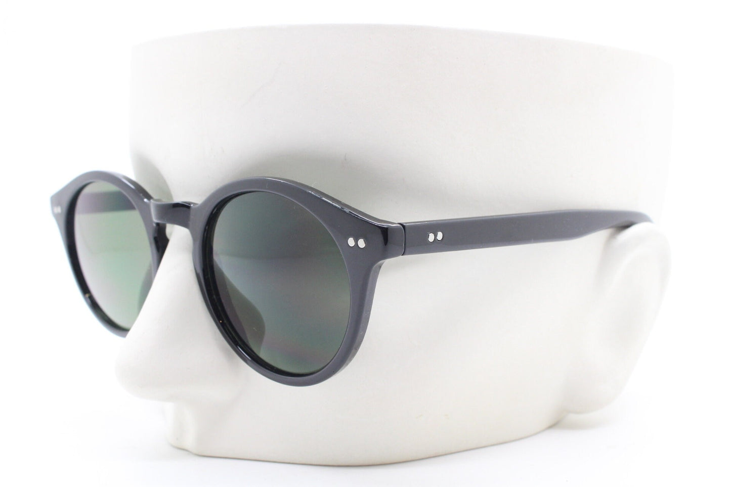 90s vintage small round sunglasses. 30s, 20s horn rim design black gloss frame with contrasting green lenses. BNWT. NOS