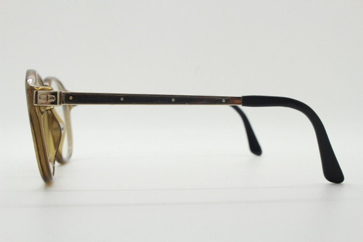 Christian Dior 70s vintage square eye glasses. Transparent mottled brown optical frame with gold and enamel arms. Mens Prescription RX