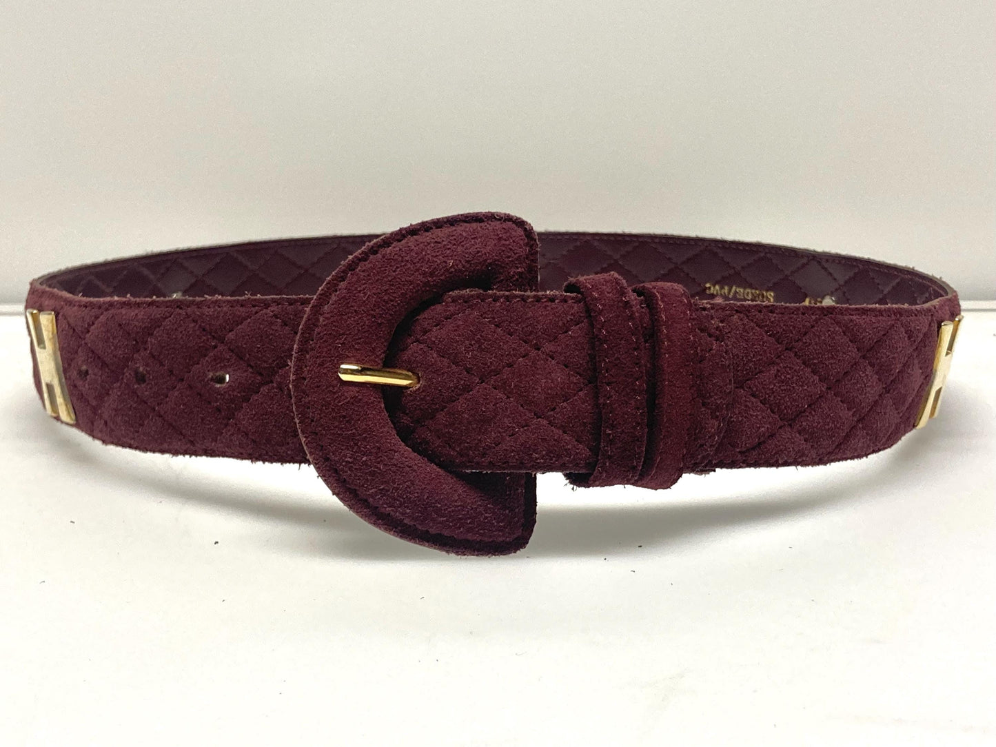 80s vintage womens dress belt in wine real suede with substantial covered buckle and gold domed hearts. Made in France by Chanon. NOS