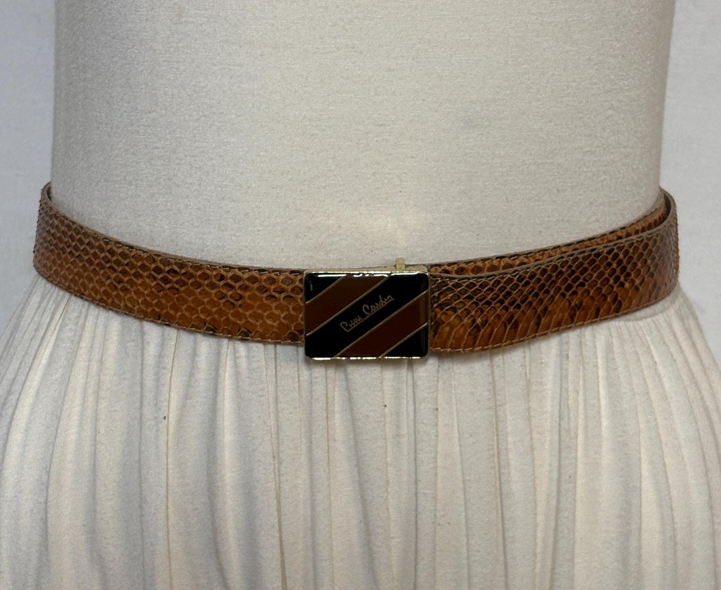 Pierre Cardin 80s vintage belt in genuine snakeskin with neat sized rectangular enamelled black and brown striped buckle. Made in Italy