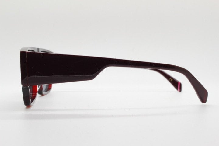 Kaleos square flat top sunglasses. Deep burgundy gloss acetate chunky frame with fat arms. New Old Stock