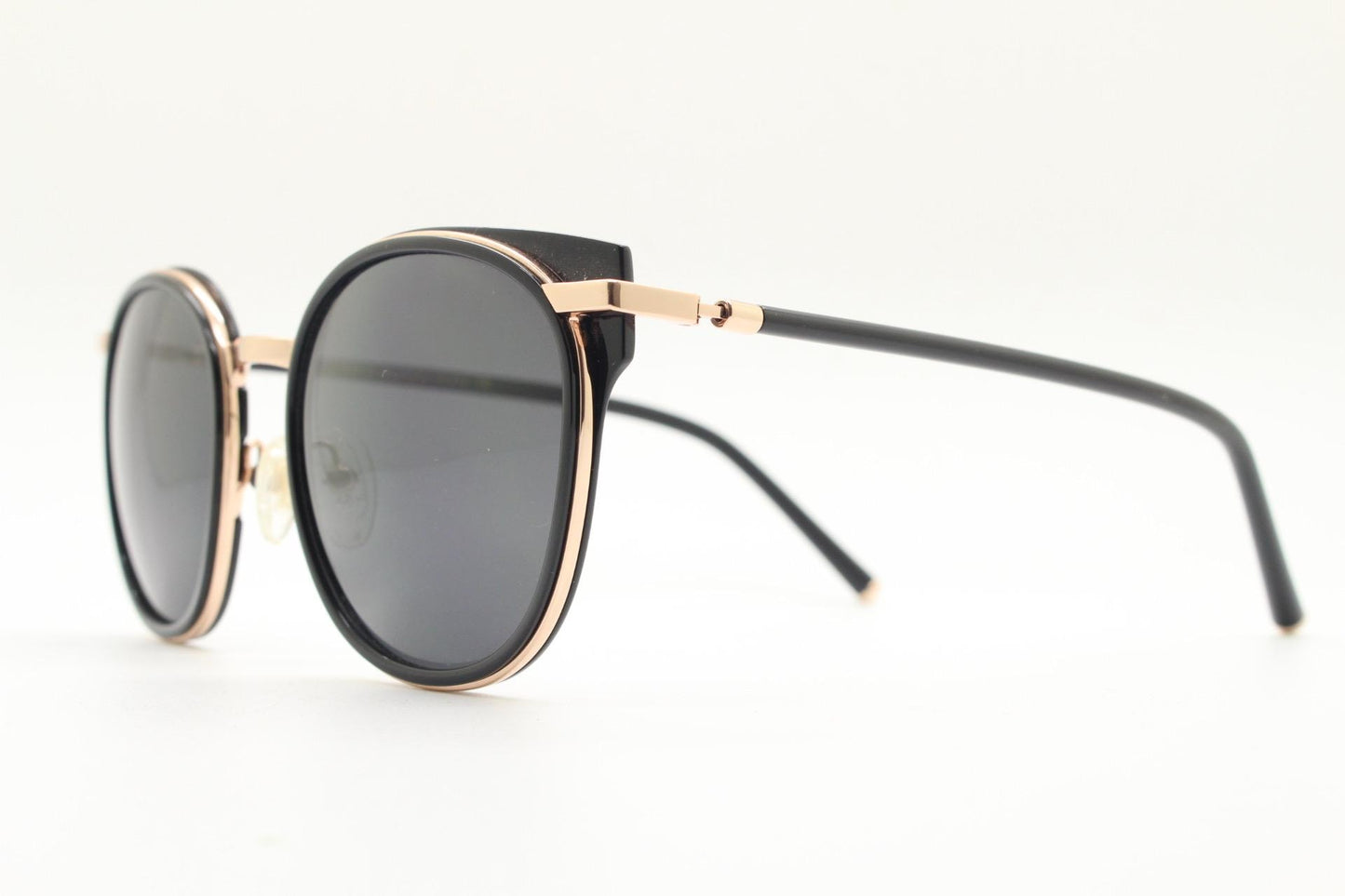 Carin round cat eye sunglasses, Gold metal frame with black cateye insets and matched dark tone lenses and slender arms