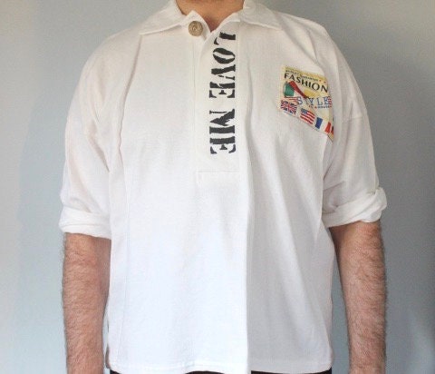 80s Vintage oversized polo shirt with 'LOVE ME' graphic print. Crop sleeve jumper. Unisex sweatshirt. Fashion grail sweater. NOS pullover