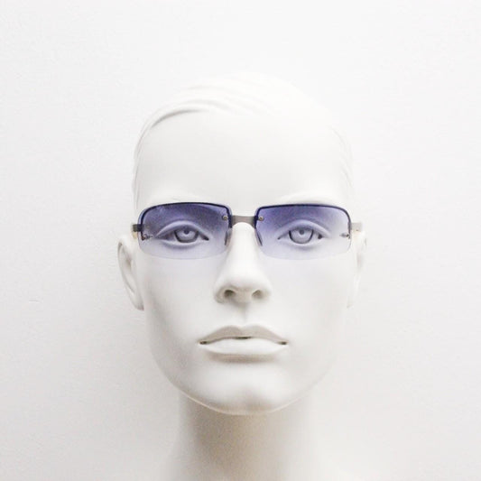 Y2K vintage rectangular half frame purple sunglasses. Minimal metal satin finish browline 2000's wrap around with frosted clear arms. NOS