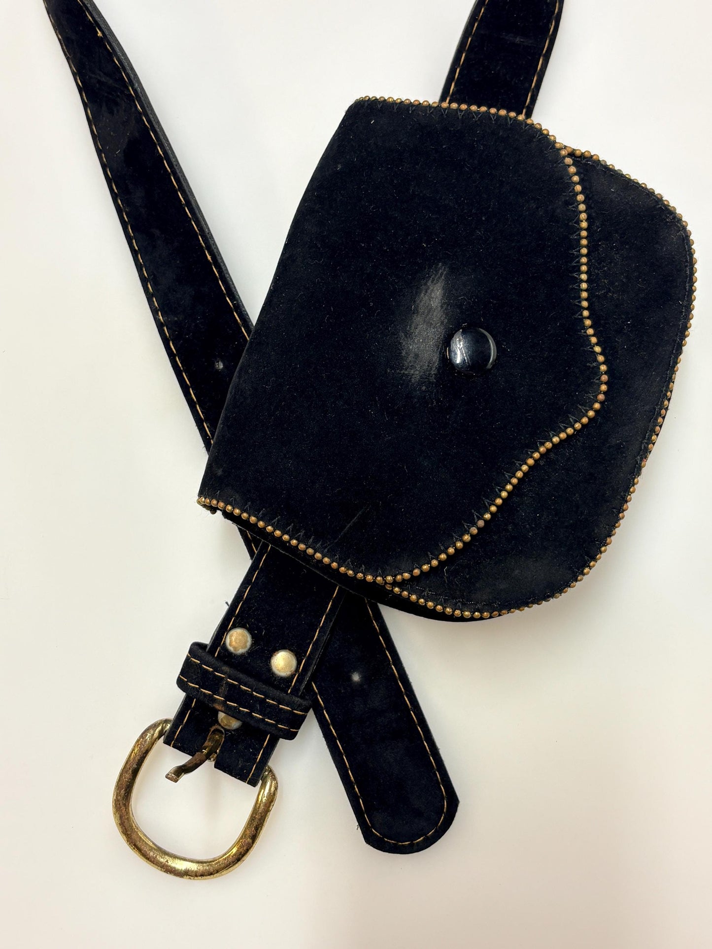 80s vintage womens black velvet dress or jeans / trousers with handy detachable fanny pack pouch with brass trim. Bum bag