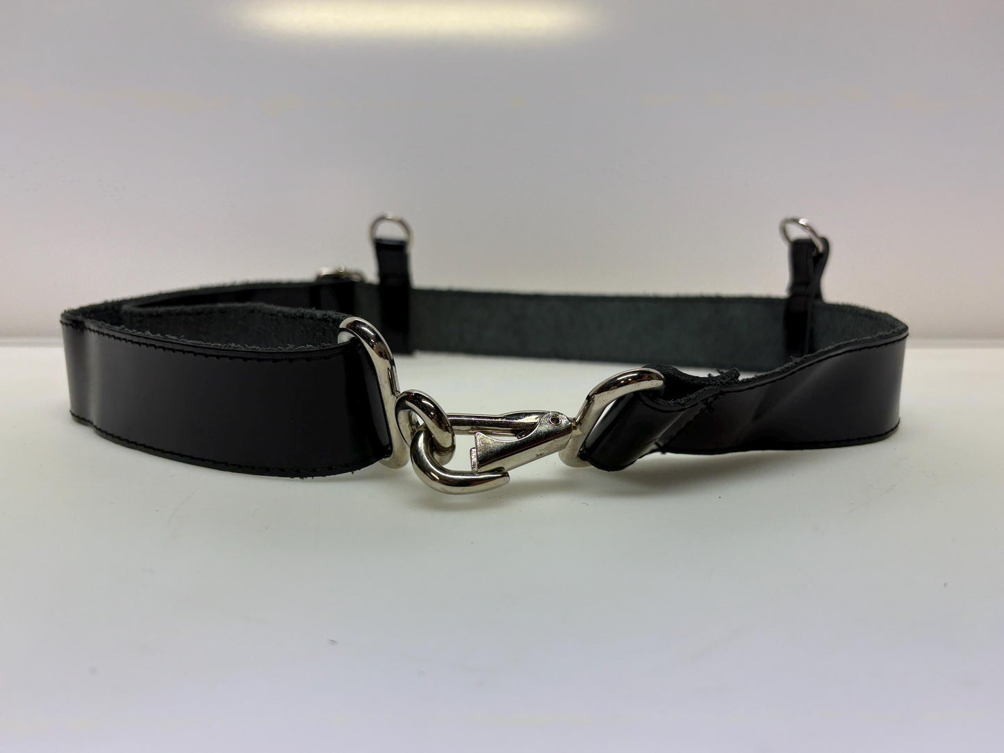 90s vintage womens shiny fetish army style belt made in Italy. Black patent leather with shoulder  strap attachments. Kinky costume. NOS