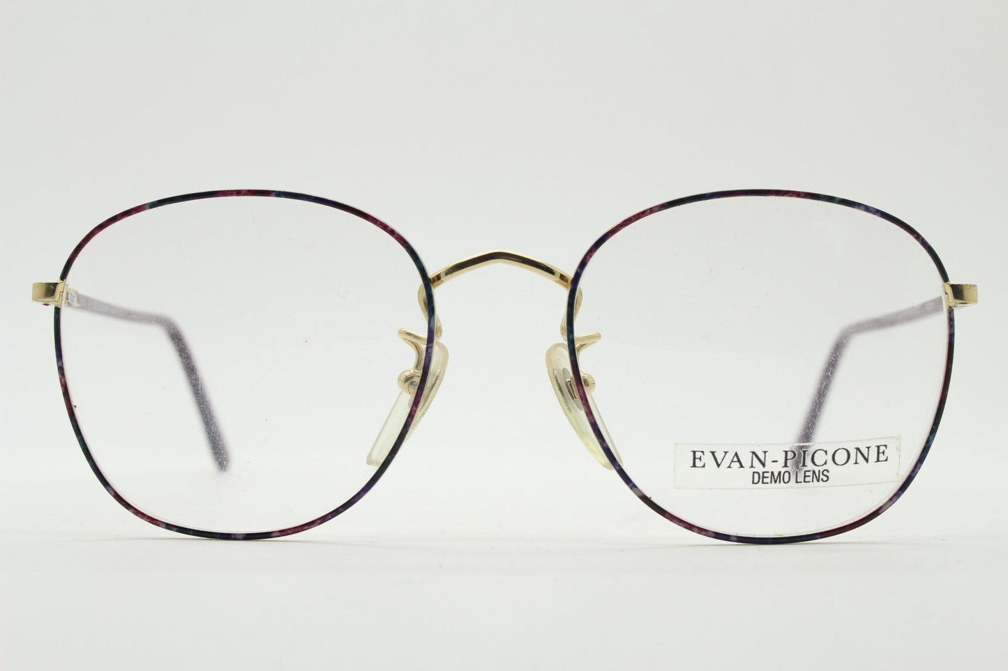 Evan Picone 80s vintage round panto metal eye glasses made in Italy. Minimal gold optical frame with red marbled pattern. Prescription. NOS