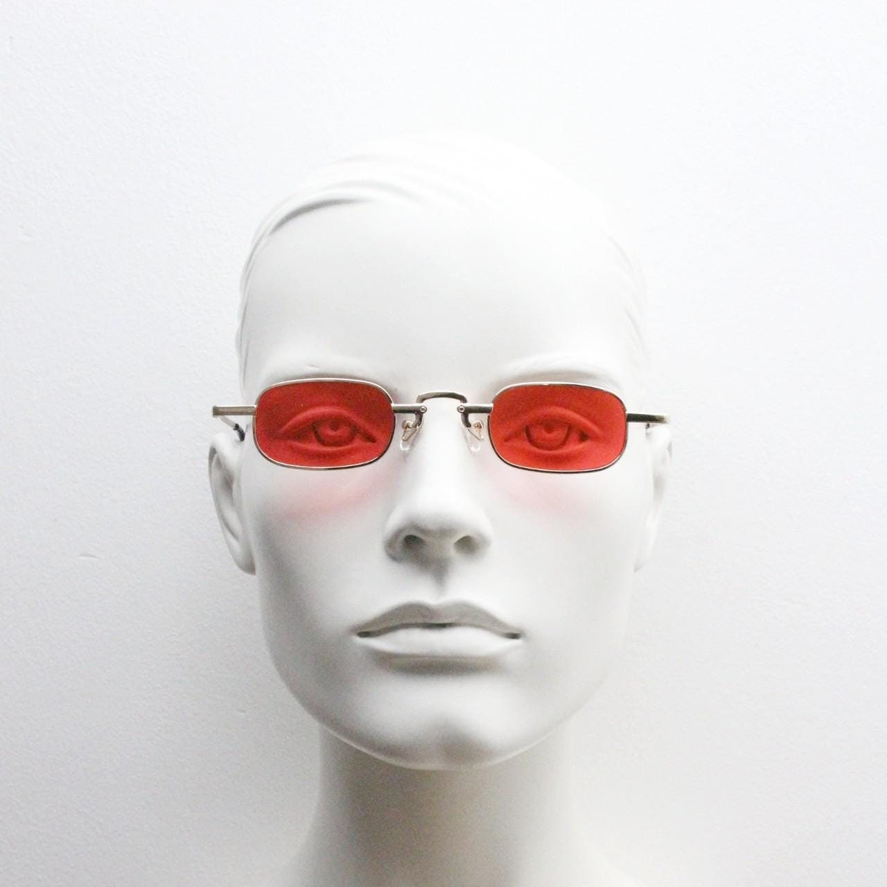 90s vintage small rectangular sunglasses. Imposing minimal gold metal victorian style frame with deep red lenses. Unused BNWT