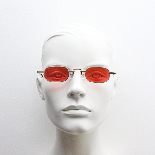 90s vintage small rectangular sunglasses. Imposing minimal gold metal victorian style frame with deep red lenses. Unused BNWT