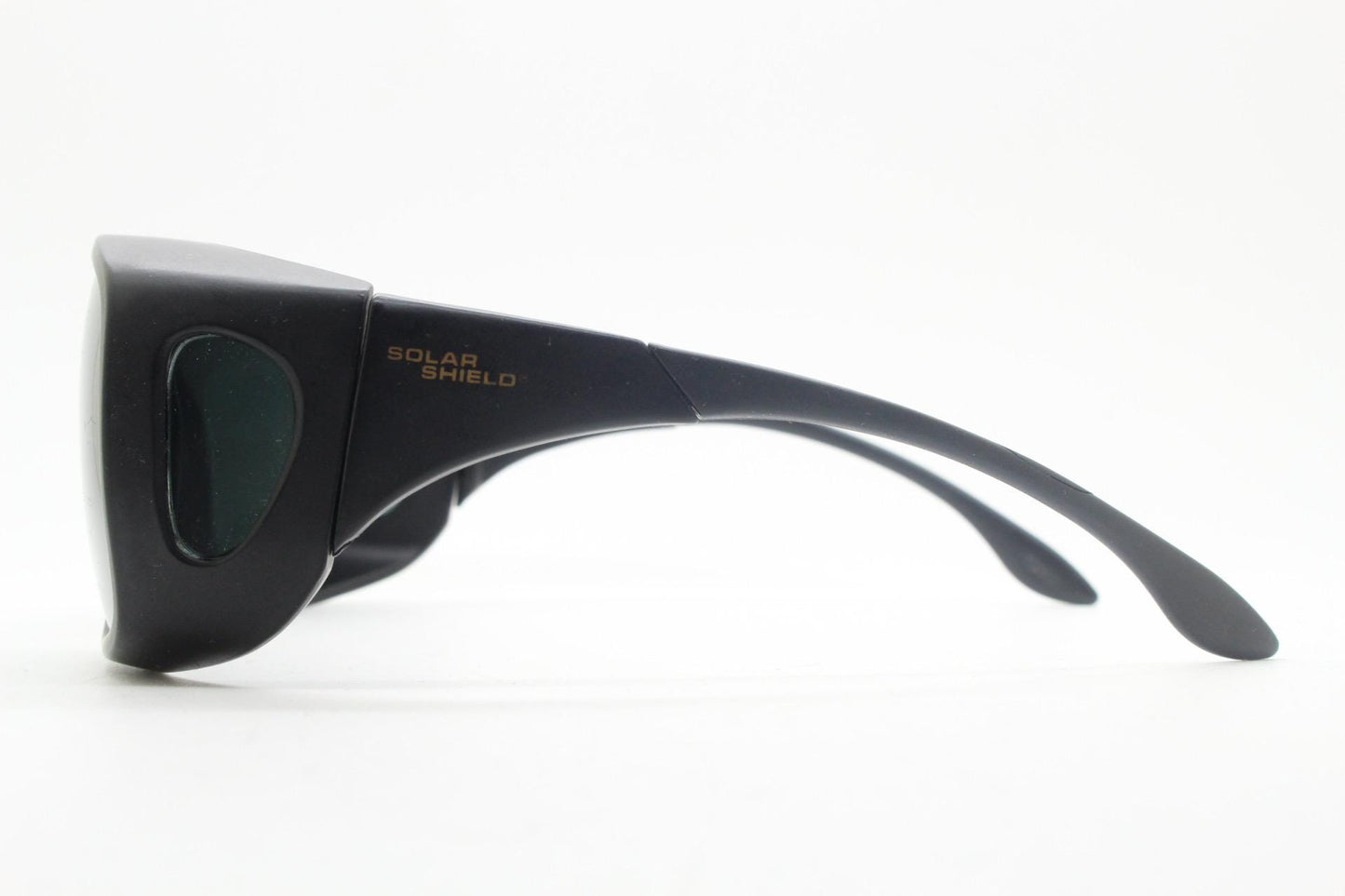 80s vintage massive oversized shield goggle sunglasses with side windows. Big black matt wrap around frame with grey lenses