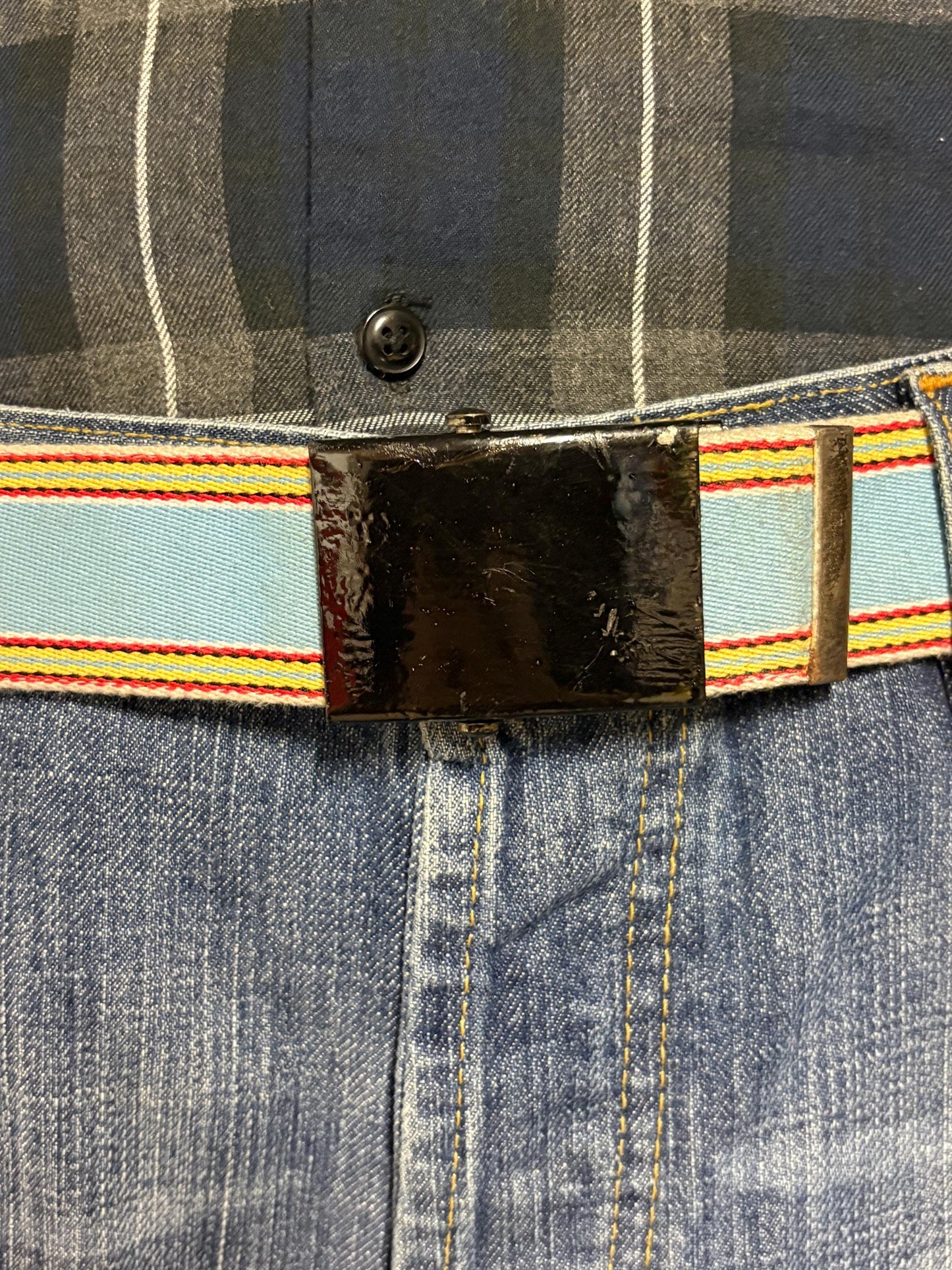 Y2K vintage 2' canvas army style belt in sky blue with red, white and yellow rainbow stripes. 2000s Mens large. Fully adjustable size range