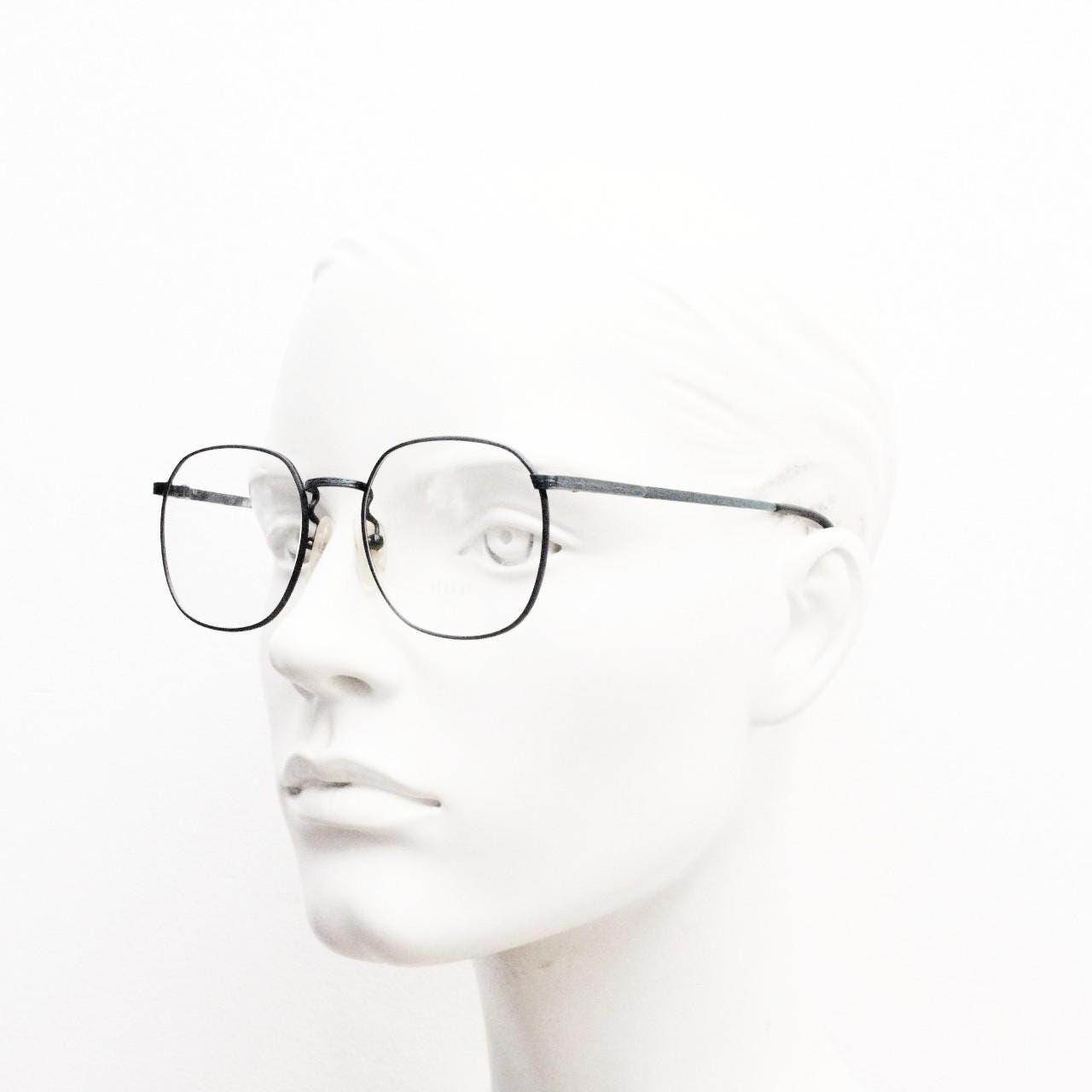 Deja Vu 80s vintage square eye glasses made in Japan. Textured minimal navy metal optical frames. Prescription RX spectacles. Unused NOS