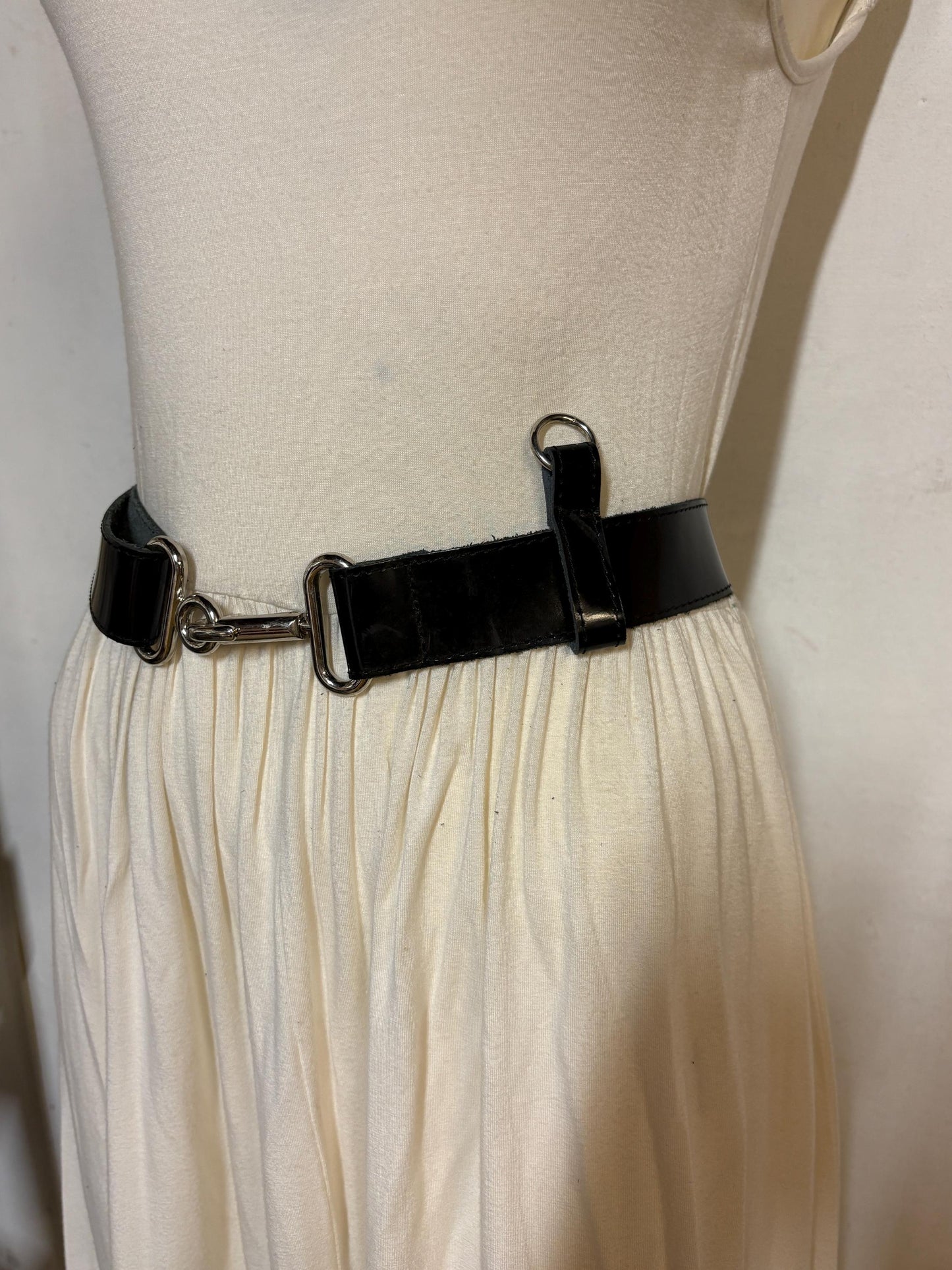 90s vintage womens shiny fetish army style belt made in Italy. Black patent leather with shoulder  strap attachments. Kinky costume. NOS