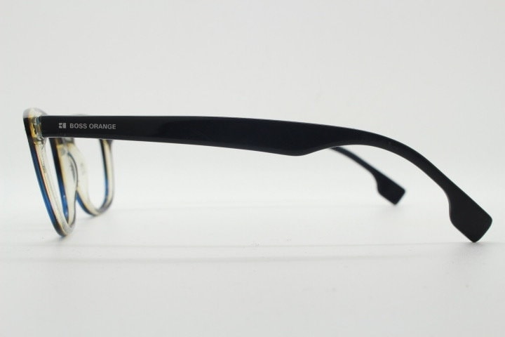 Boss Orange vintage wayfarer shape eye glasses. Black and navy striped optical frames with keyhole bridge. Prescription eyeglasses. RX  Hugo