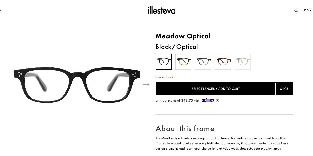 Illesteva rectangular eye glasses hand made in Italy model meadow. Plain black satin finish acetate optical frames. Prescription RX