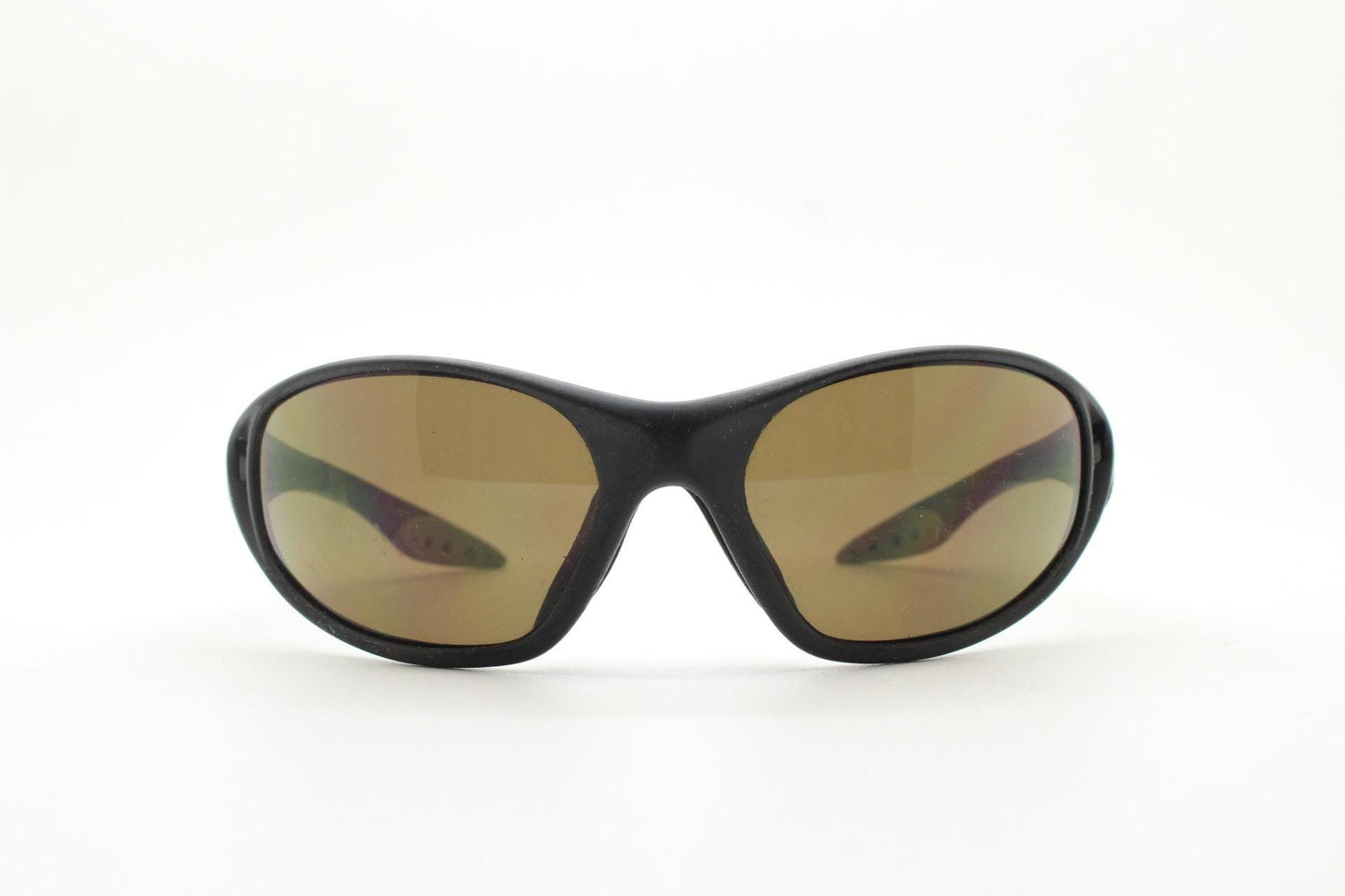 Y2K vintage sport shield aerodynamic sunglasses. All black rubber finish wraparound bug eye visor with brown lenses. 2000's. 90s
