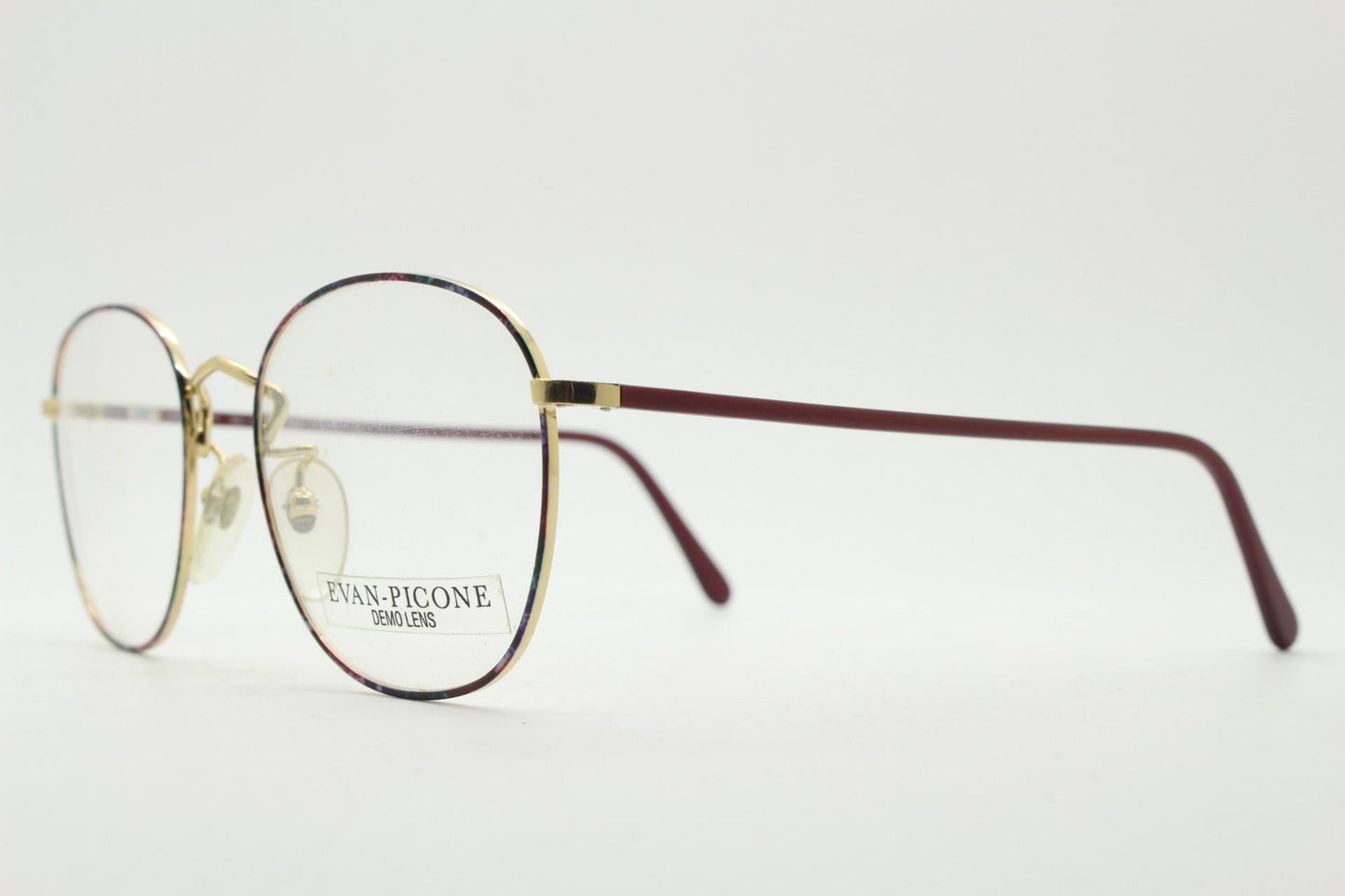 Evan Picone 80s vintage round panto metal eye glasses made in Italy. Minimal gold optical frame with red marbled pattern. Prescription. NOS