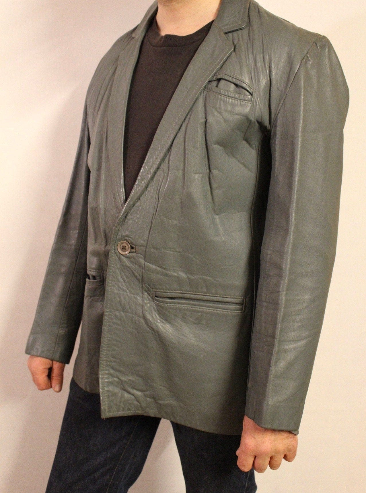 80s vintage grey genuine leather jacket. One button mens blazer design with slim lapels