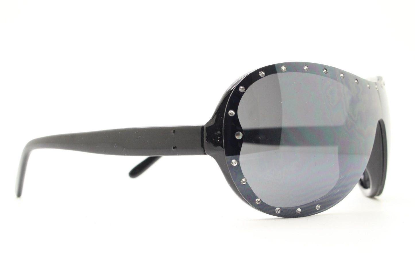 Y2K vintage visor aviator sunglasses with diamante. Black wrap around mini mask shield design with curved mono lens. 2000s NOS. Rhinestone