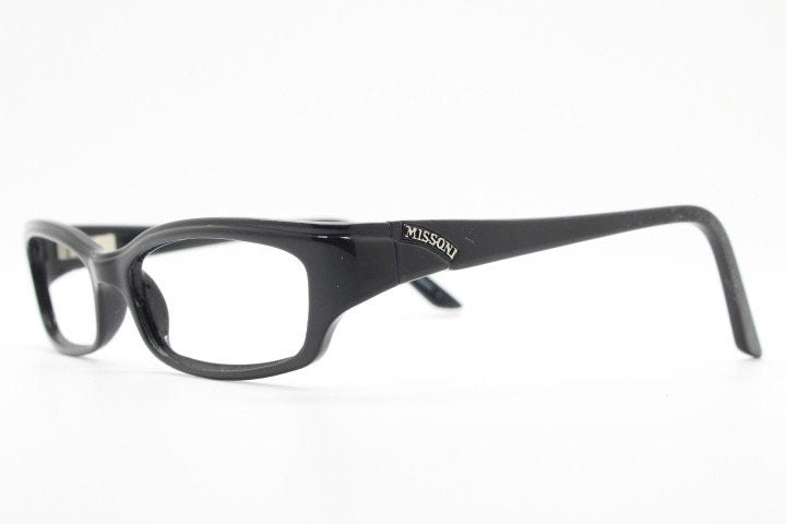 Missoni modified cat eye glasses. Rectangular low profile black acetate optical frames. Prescription eyeglasses. RX spectacles