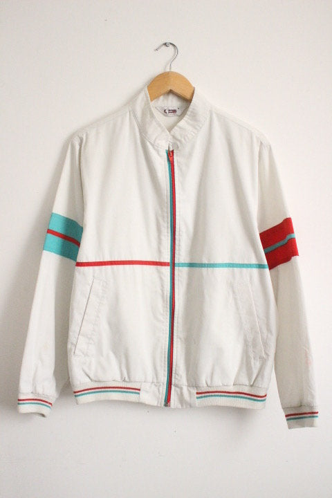 Gabicci Concept Design 80s vintage zip bomber jacket in white with green and red mirror image stripe details. Mens round neck. Cult casuals