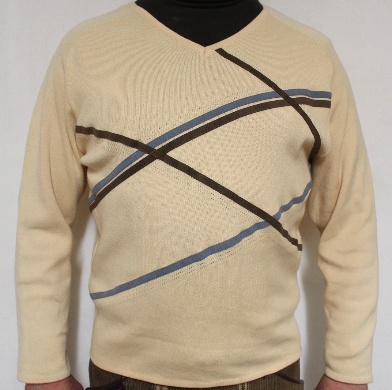 Gabicci vintage cotton knit argyle jumper in yellow with brown stripes. Mens crew neck sweater. BNWT. Round neck pullover