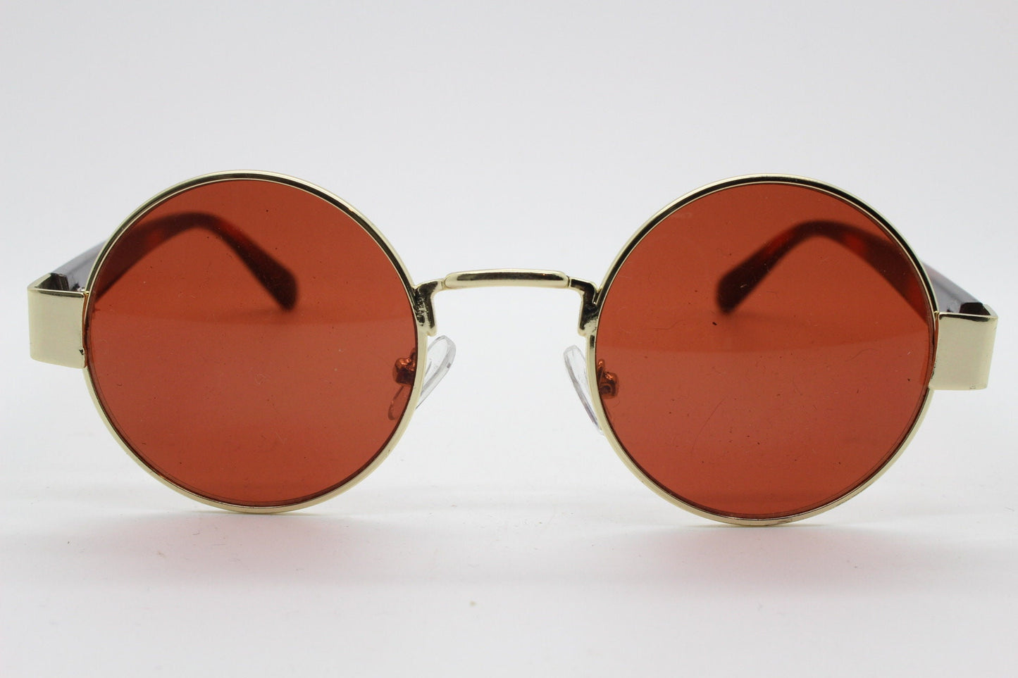 90s round vintage sunglasses. Gold 1920's style frame with tiger pattern arms and brown lenses. Unused. BNWT