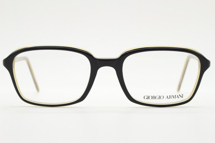 Giorgio Armani rectangular eye glasses made in Italy. Black gloss layered acetate optical frames. Prescription eyeglasses. RX spectacles