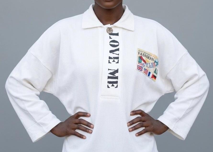 80s Vintage oversized polo shirt with 'LOVE ME' graphic print. Crop sleeve jumper. Unisex sweatshirt. Fashion grail sweater. NOS pullover