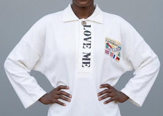 80s Vintage oversized polo shirt with 'LOVE ME' graphic print. Crop sleeve jumper. Unisex sweatshirt. Fashion grail sweater. NOS pullover