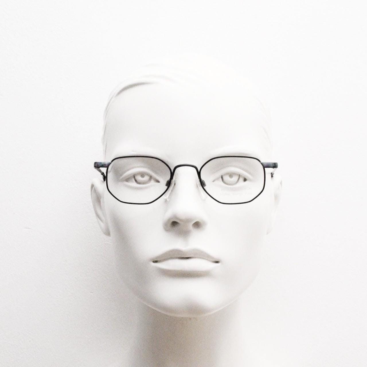 Eschenbach 90s vintage angular octagon eye glasses. Sharp matt black optical frame with blue marbled arms. Prescription RX spectacles. NOS