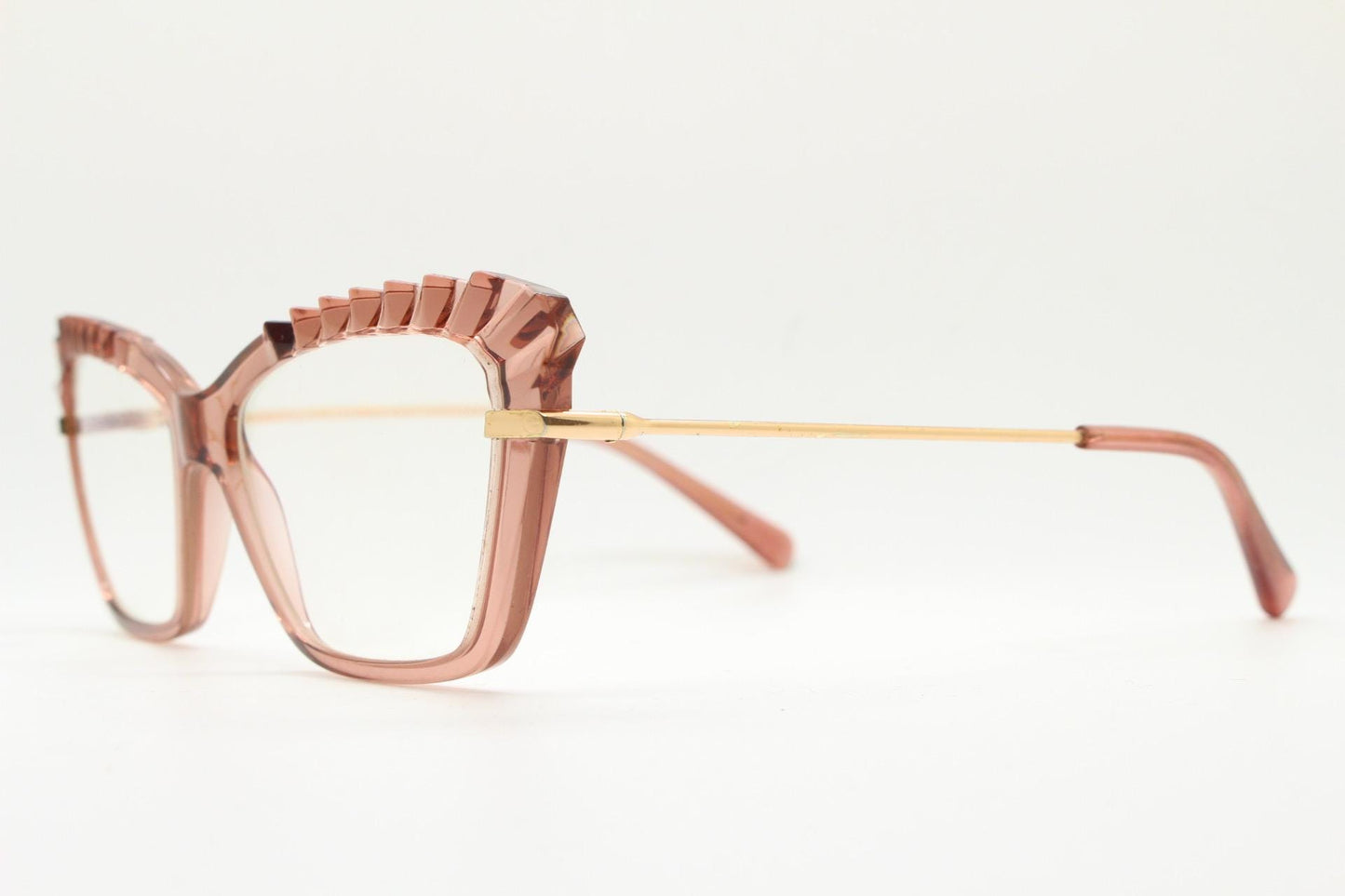 Incredible spiky pointed cat eye glasses. Transparent pink cateye optical frame with slender golden arms. Vintage Prescription RX Spectacles