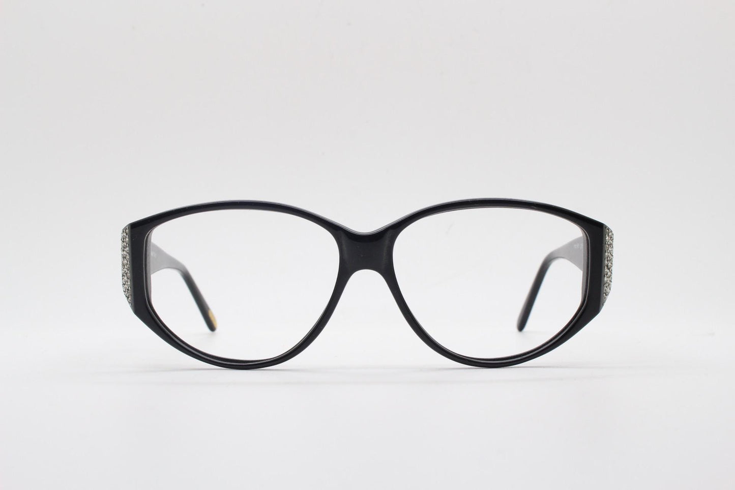 Versace modified cropped cat eye glasses made in Italy. Black gloss acetate optical frames with dramatic diamante. Prescription. Vintage NOS
