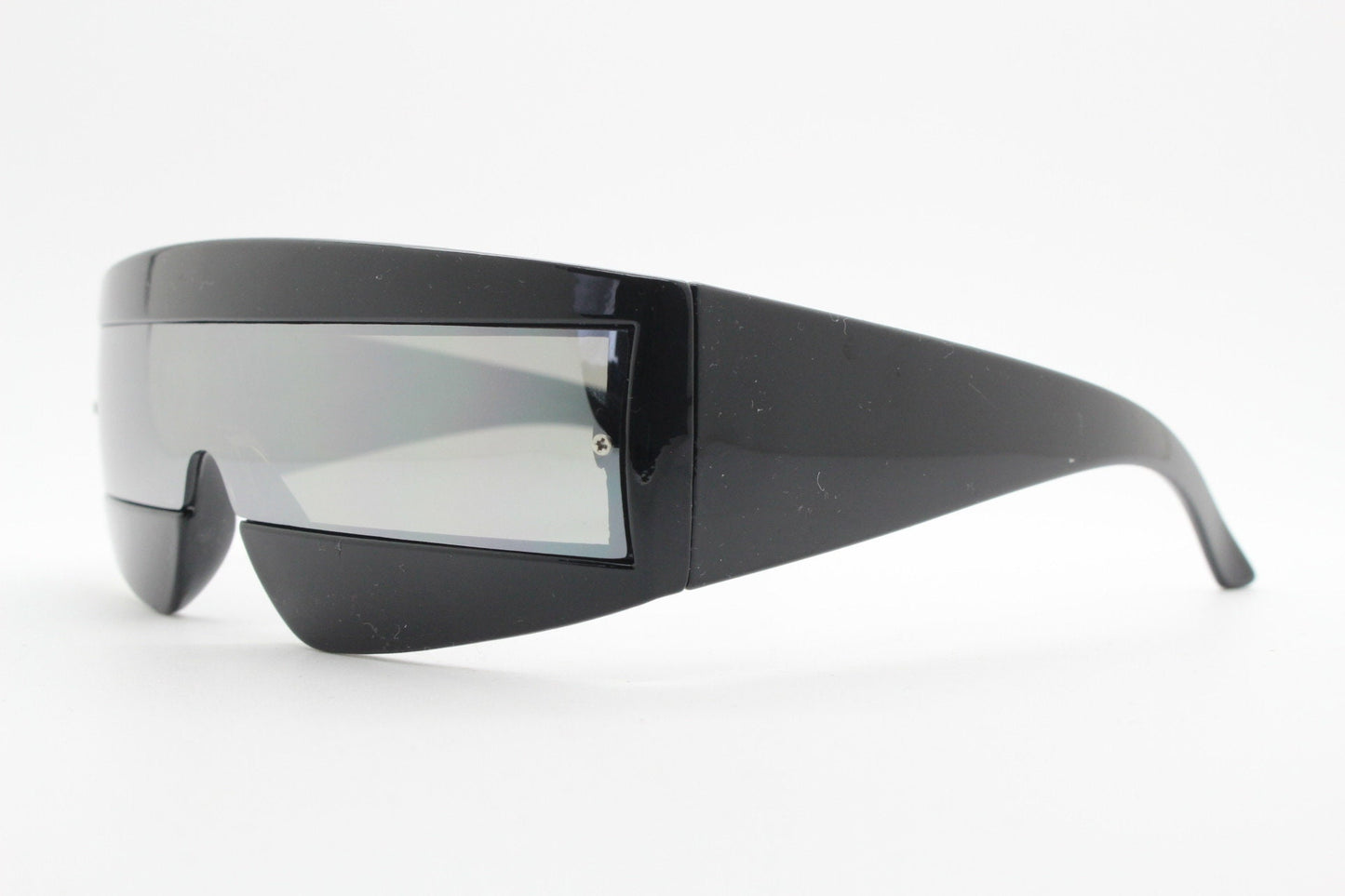 Y2K vintage square visor sunglasses. Black 80s style robot shield design mirror mask mono lens with full height arms. 2000s NOS BNWT