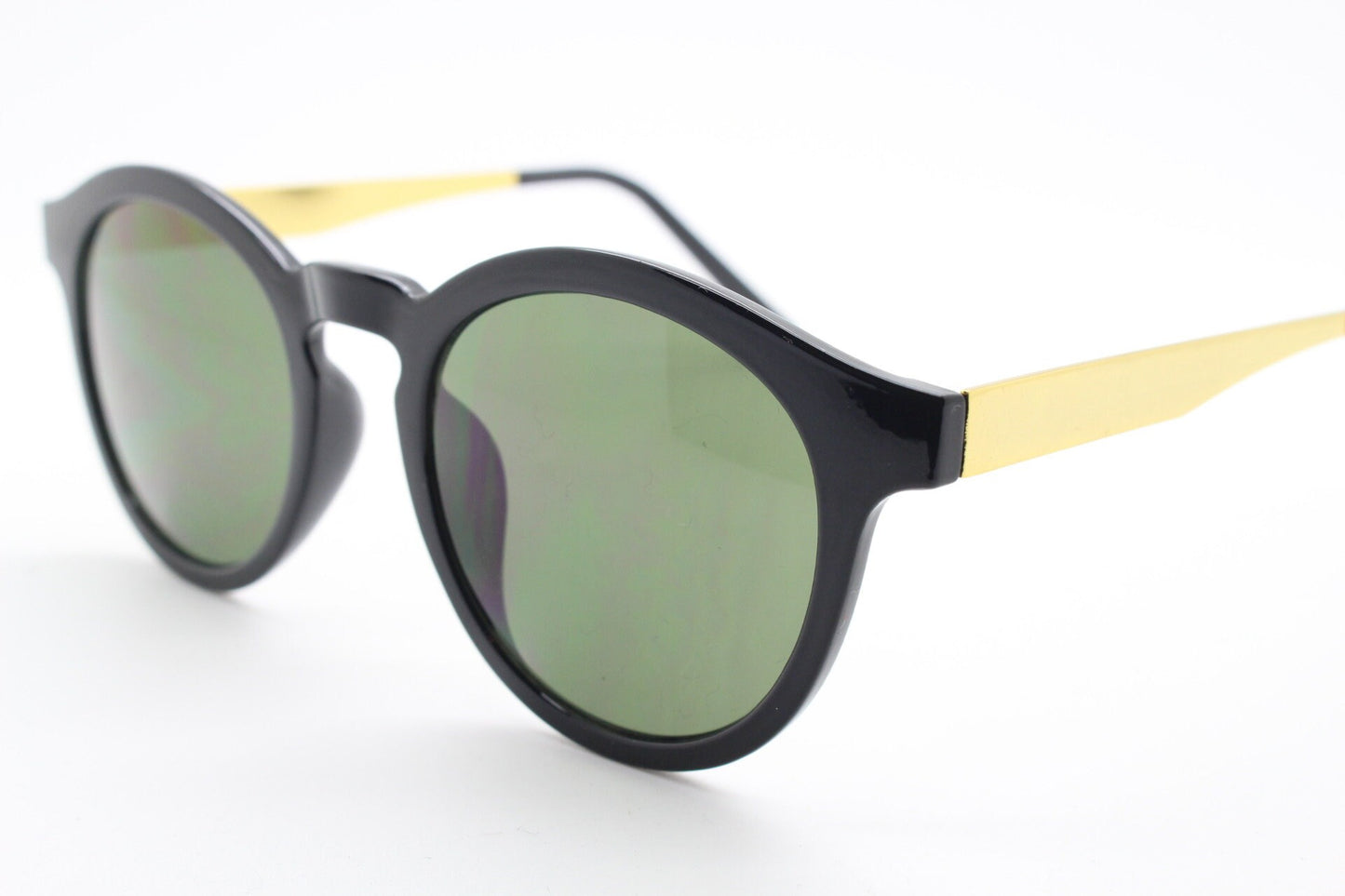 90s vintage round sunglasses. Black gloss frame with contrasting gold arms