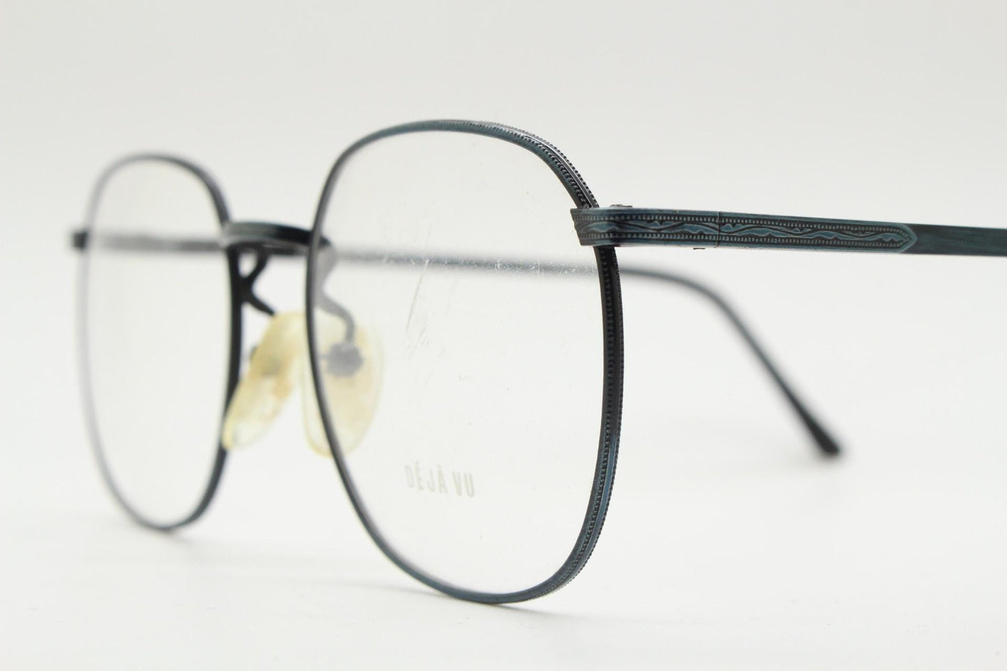 Deja Vu 80s vintage square eye glasses made in Japan. Textured minimal navy metal optical frames. Prescription RX spectacles. Unused NOS